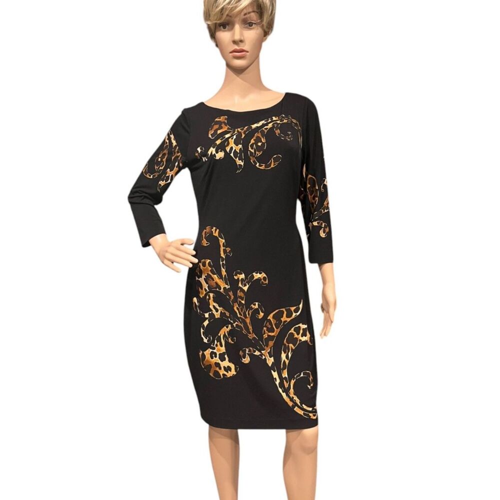 CACHE Women's Black Sheath Dress Leopard Print Details 3/4 Sleeves Stretchy SZ 8